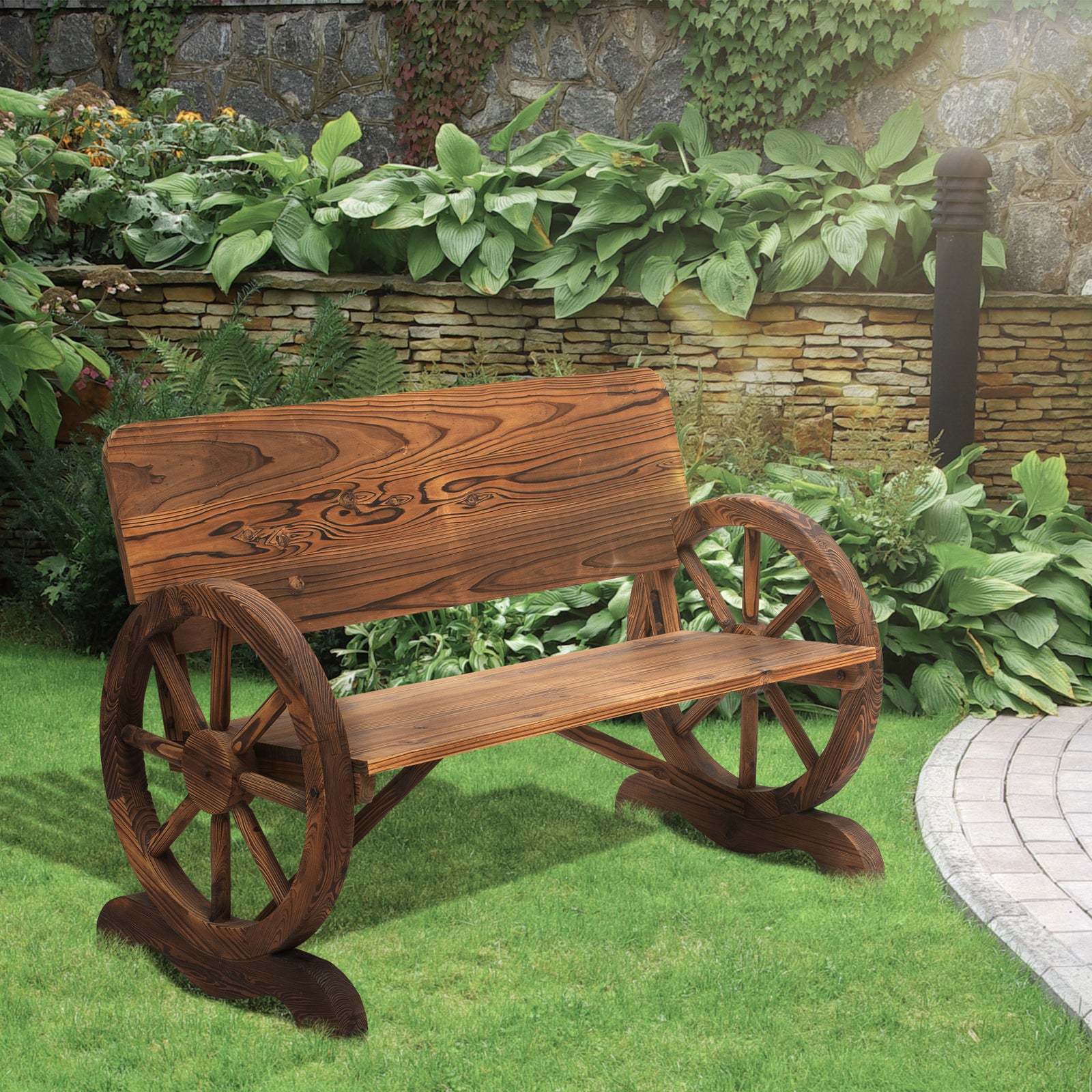 Fir Wood 2-Seater Outdoor Garden Wagon Wheel Bench