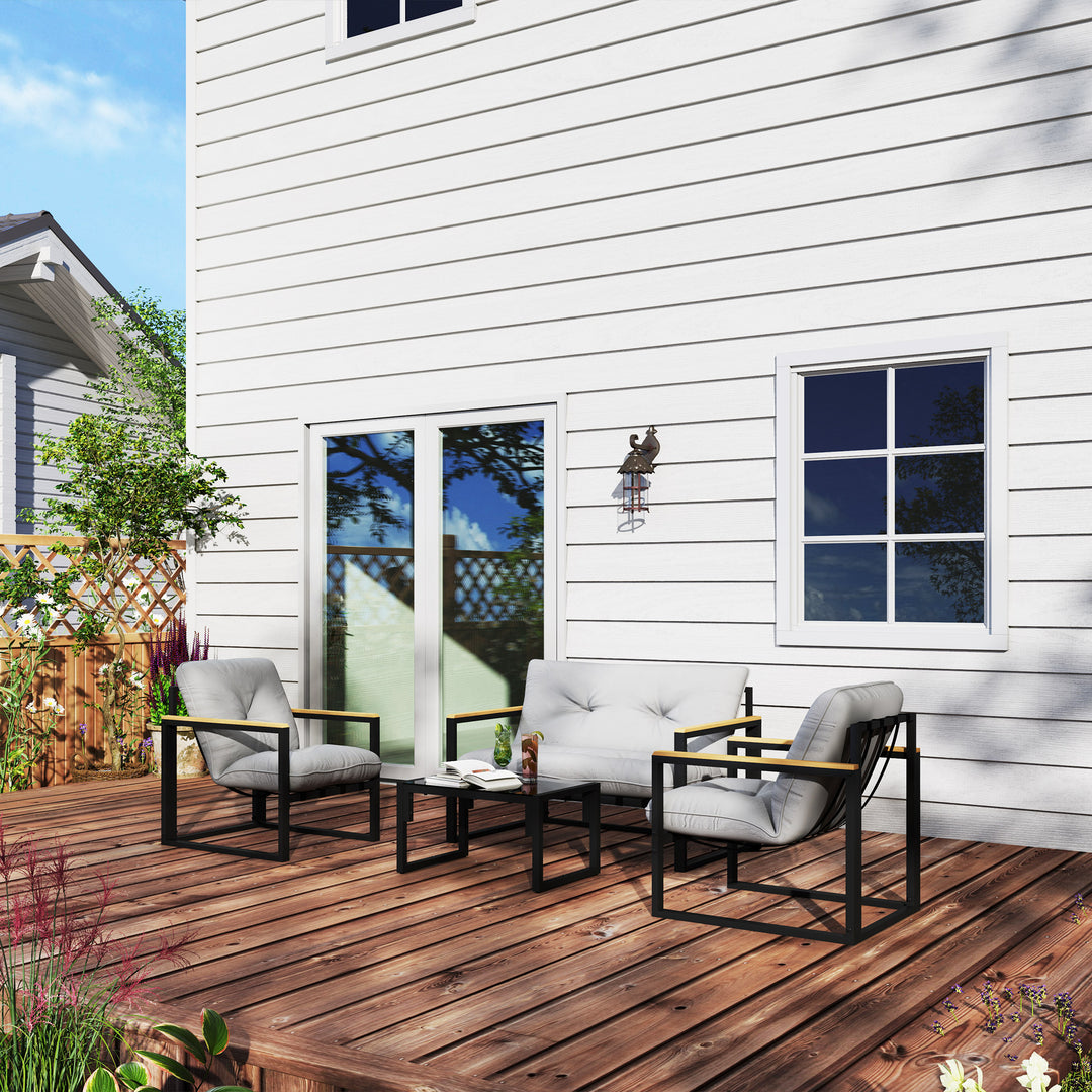 Garden Furniture Set, 4 Piece Indoor Outdoor Conservatory with Loveseat Sofa, Armchairs, Glass Top Coffee Table, Cushions for Balcony, Poolside, Patio, Light Grey
