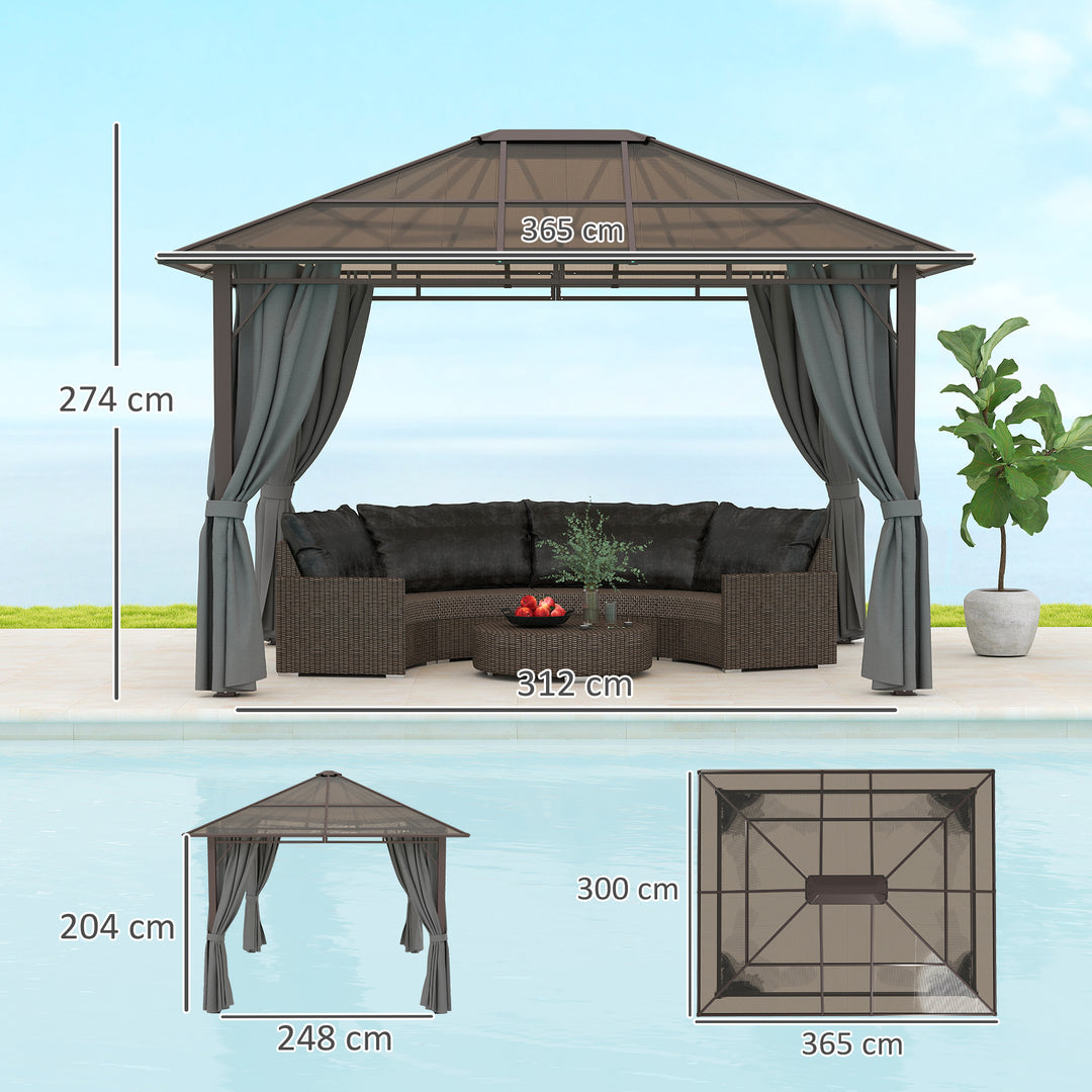 3 x 3.6m Hardtop Gazebo Canopy with Polycarbonate Roof Garden Pavilion with Removable Curtains and Steel Frame, Dark Grey