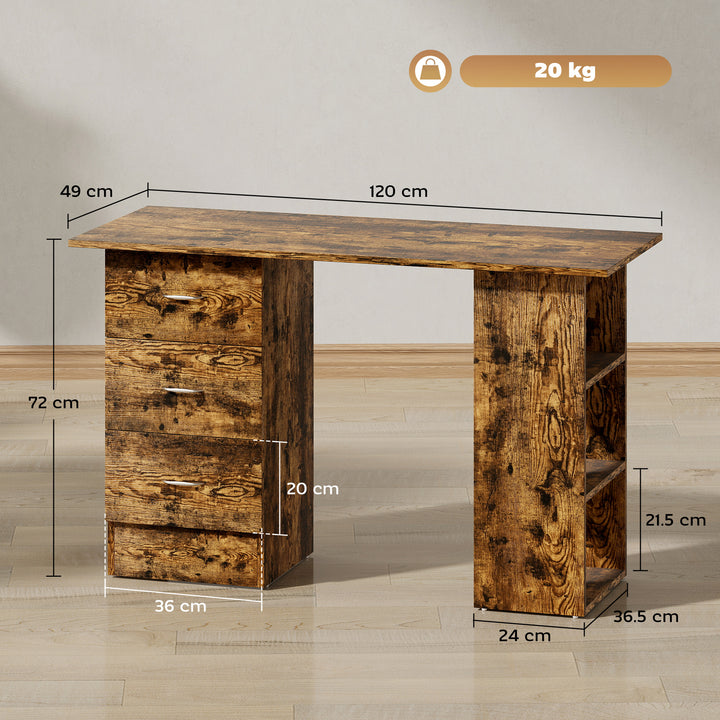 Computer Desk, Writing Table, PC Workstation with 3 Storage Shelves and Drawers, Silver Handle, for Home Office, Rustic Brown