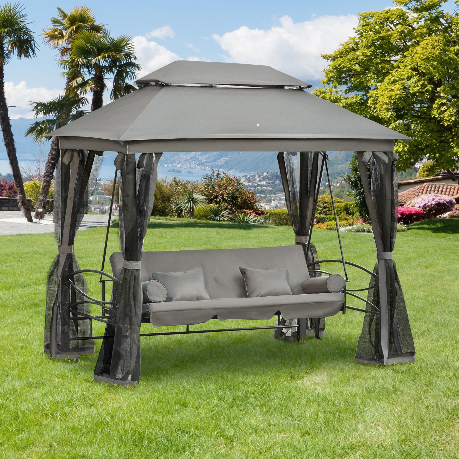 3 Seater Swing Chair 3-in-1 Convertible Garden Swing Seat Bed Gazebo Patio Bench Outdoor with Double Tier Canopy, Cushioned Seat, Mesh Sidewalls, Grey