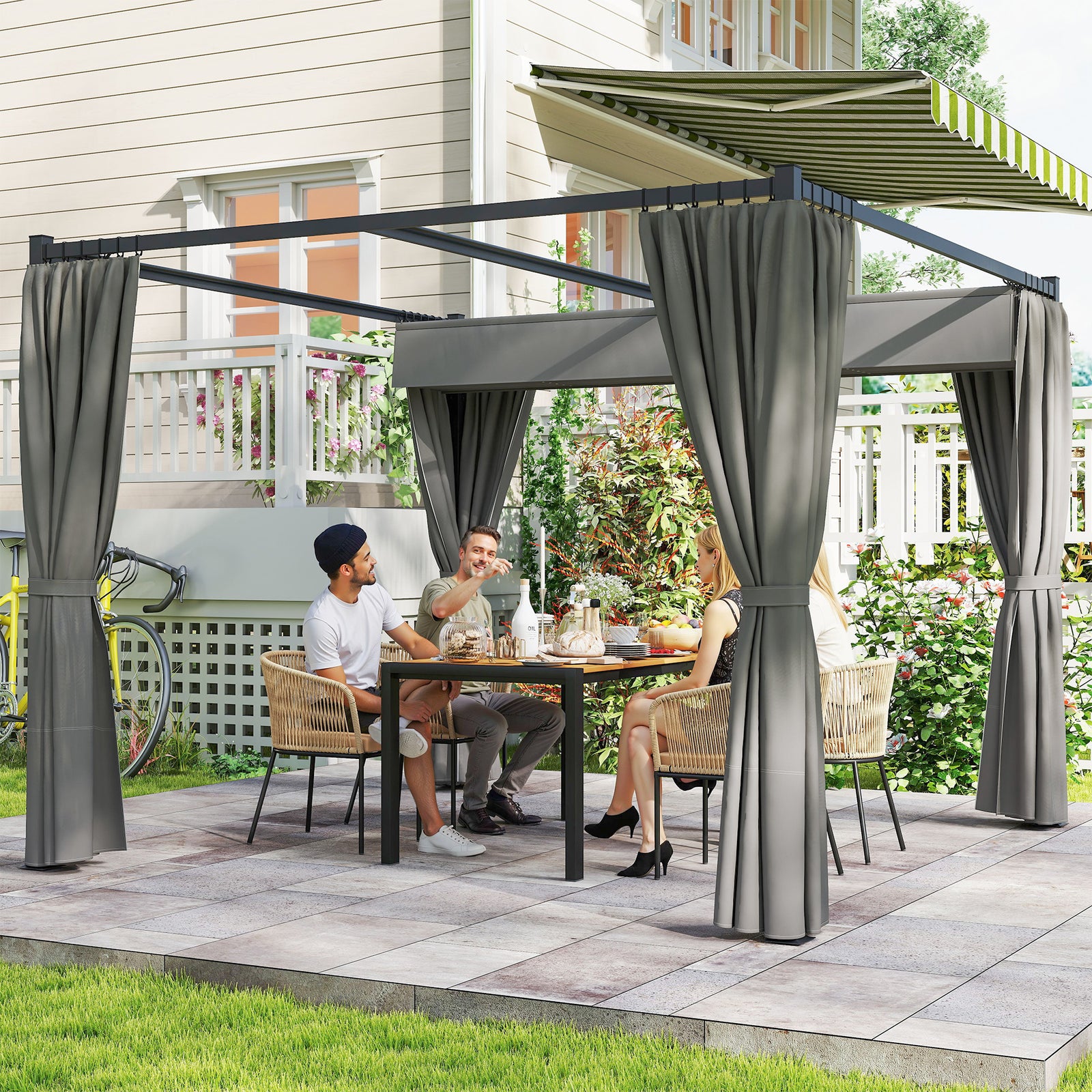 3 x 3m Moving Canopy Metal Pergola, with Curtains - Grey