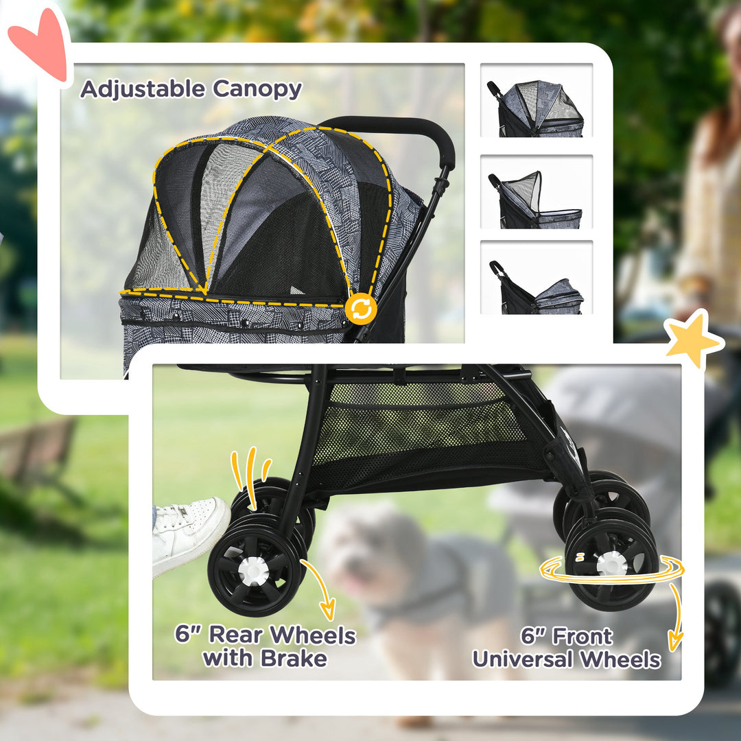 PawHut Pet Stroller, Dog Pushchair, Cat Travel Carriage, Foldable w/ Carrying Bag, Universal Wheels, Brake Canopy, for XS & S Pets, Grey | Aosom UK