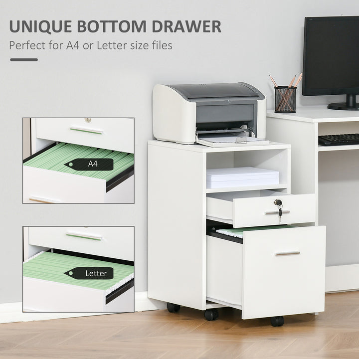 Lockable Two-Drawer Filing Cabinet, with Wheels - White