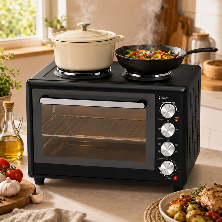 46L Mini Oven with Dual Hot Plates, Electric Countertop Cooker with Co