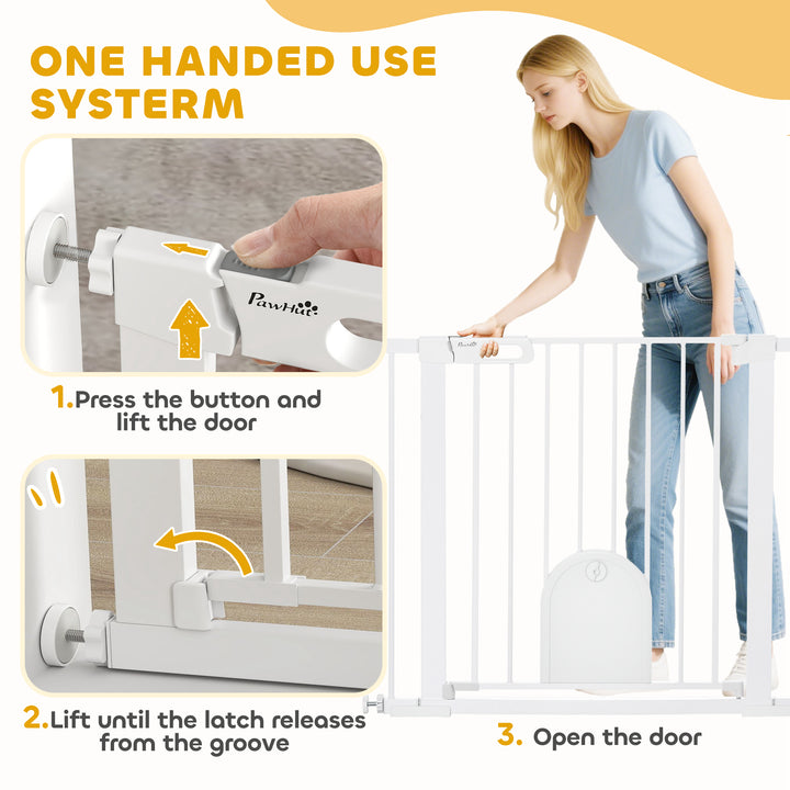 Dog Gate with Cat Flap Pet Safety Gate Barrier, Stair Pressure Fit, Auto Close, Double Locking, for Doorways, Hallways, 75-103 cm White