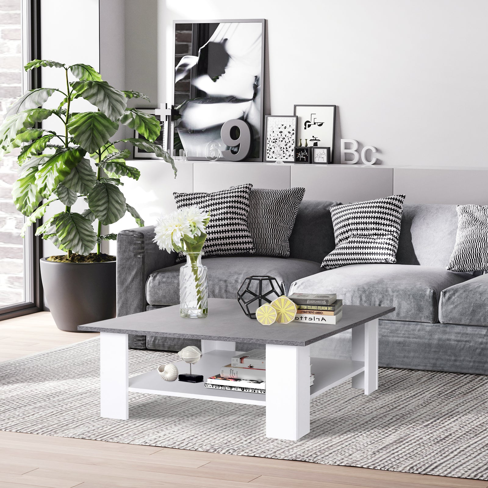 Square Coffee Table, Wooden Coffee Table with Storage, Cocktail Center Tea Table for Home Office, 80W x 80D x 31.5Hcm, Grey and White