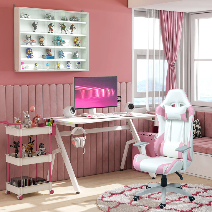 RGB 120 x 66cm Gaming Desk, Computer Table with Carbon Fibre Surface, Headphone Hook, Cup Holder, Controller Rack, Home Office Desk, White