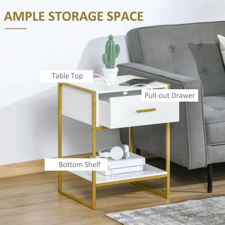 Modern Bedside Table, Nightstand with Drawer Shelf, Side Table for Living room, Bedroom White and Gold, Set of 2