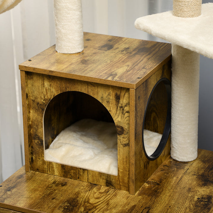 PawHut Cat Litter Box Enclosure, with Tree Tower, Cat House, Hammock, Cushion - Rustic Brown | Aosom UK