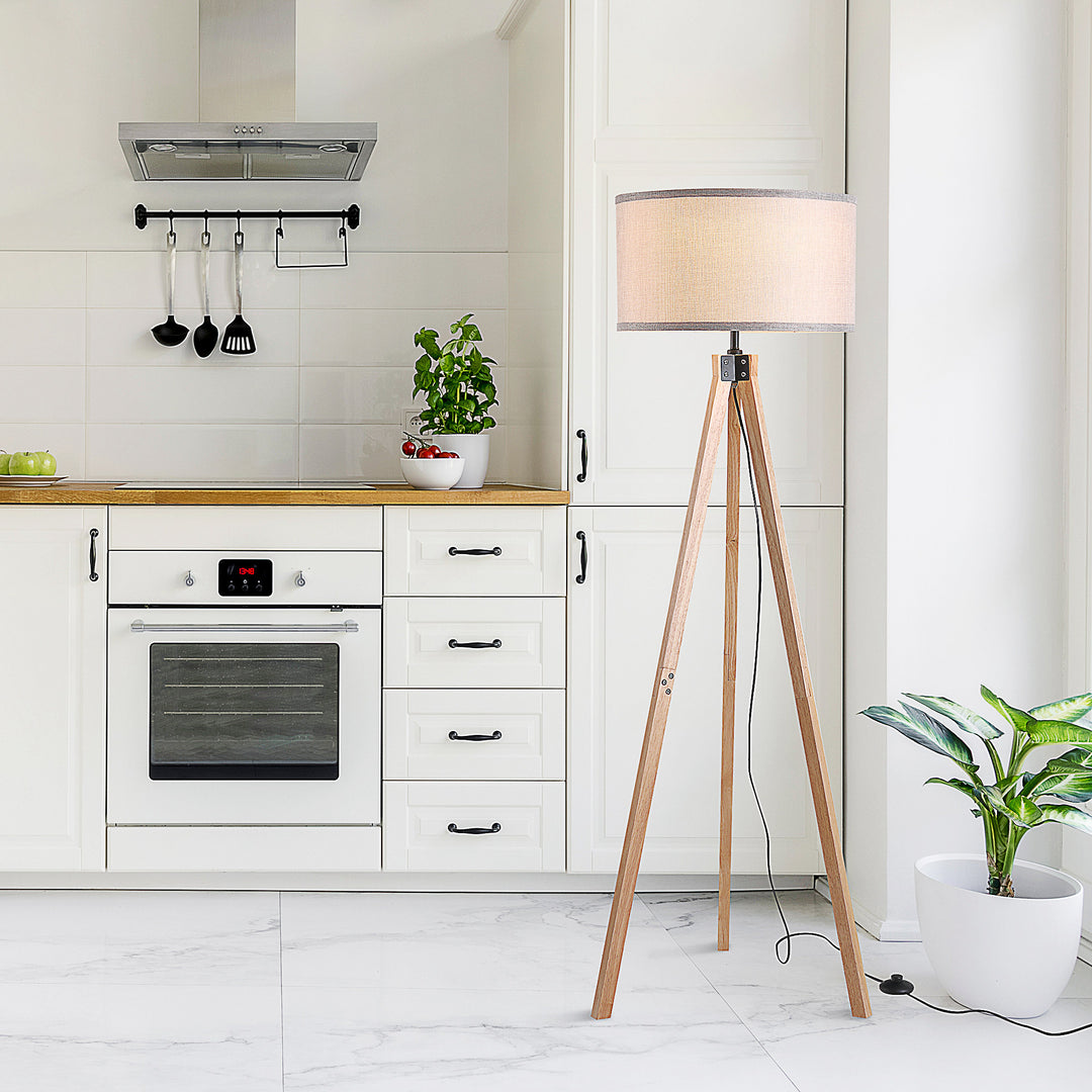 Floor Lamp with Elegant Wood Tripod, Free Standing E27 Bulb Lamp Versatile Use For Home Office - Beige