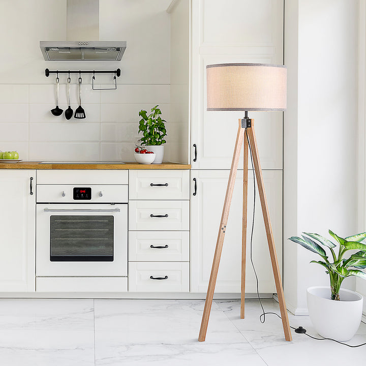 Floor Lamp with Elegant Wood Tripod, Free Standing E27 Bulb Lamp Versatile Use For Home Office - Beige