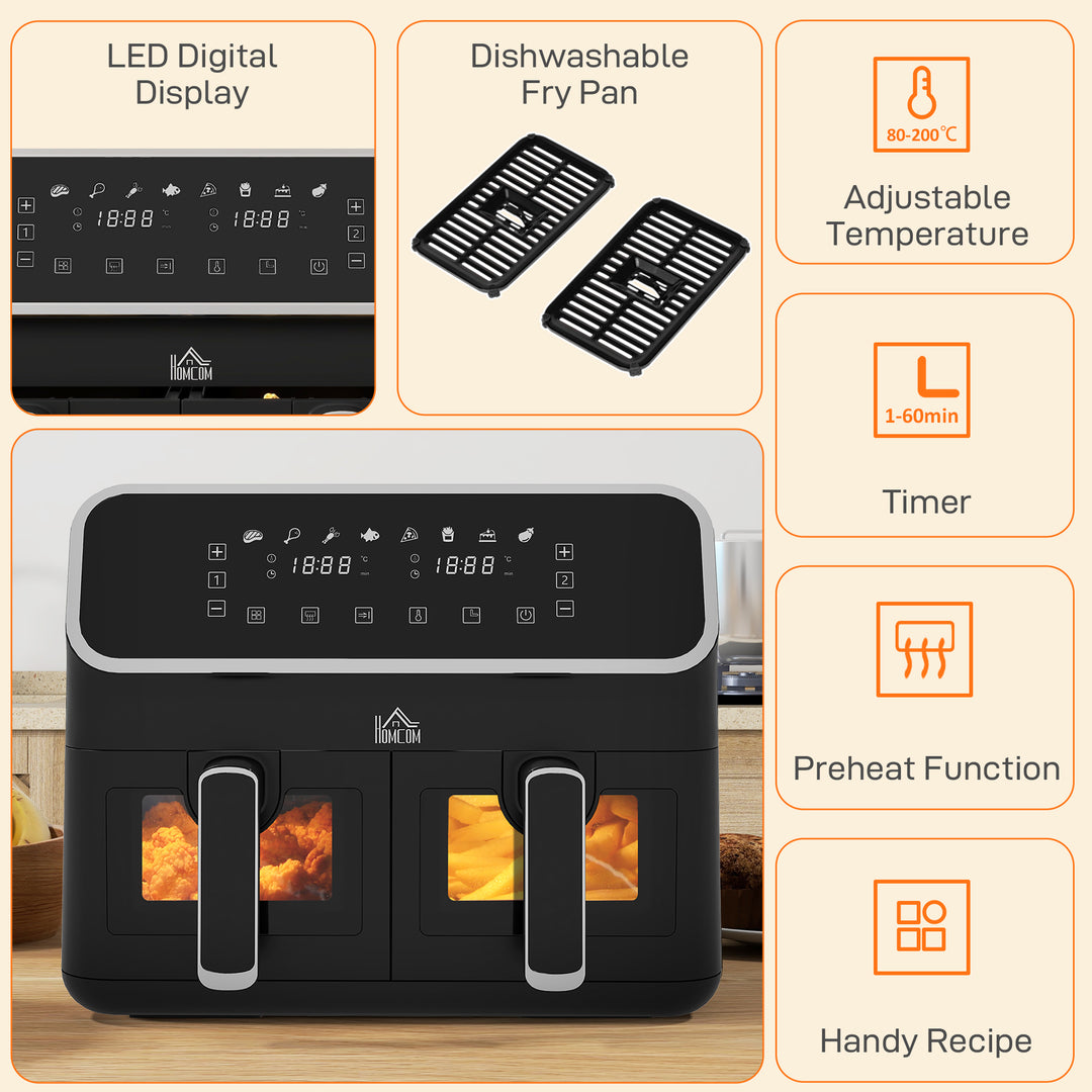 HOMCOM Dual Air Fryer, 8L Family Size Double Air Fryer Oven w/ 8-In-1 Presets, Smart Finish, Digital Display, Visual Window, Timer for Oil | Aosom UK