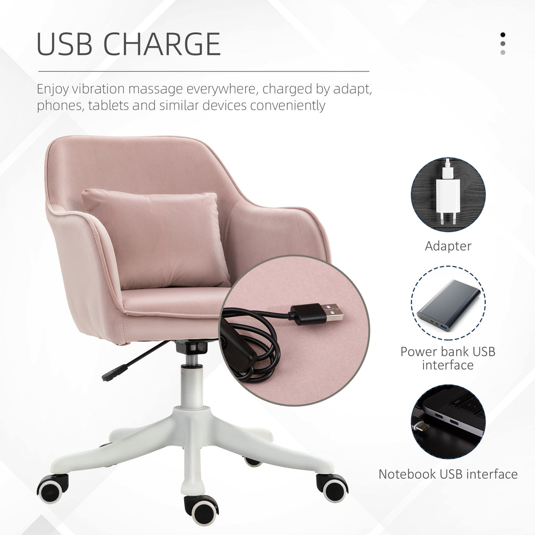 Velvet Office Chair, Desk Chair, Makeup Vanity Chair with Massage Lumbar Pillow and Rolling Wheels for Bedroom and Home, Pink