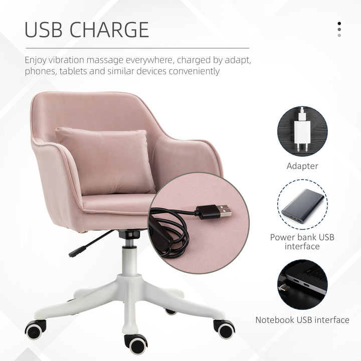 Velvet Office Chair, Desk Chair, Makeup Vanity Chair with Massage Lumbar Pillow and Rolling Wheels for Bedroom and Home, Pink