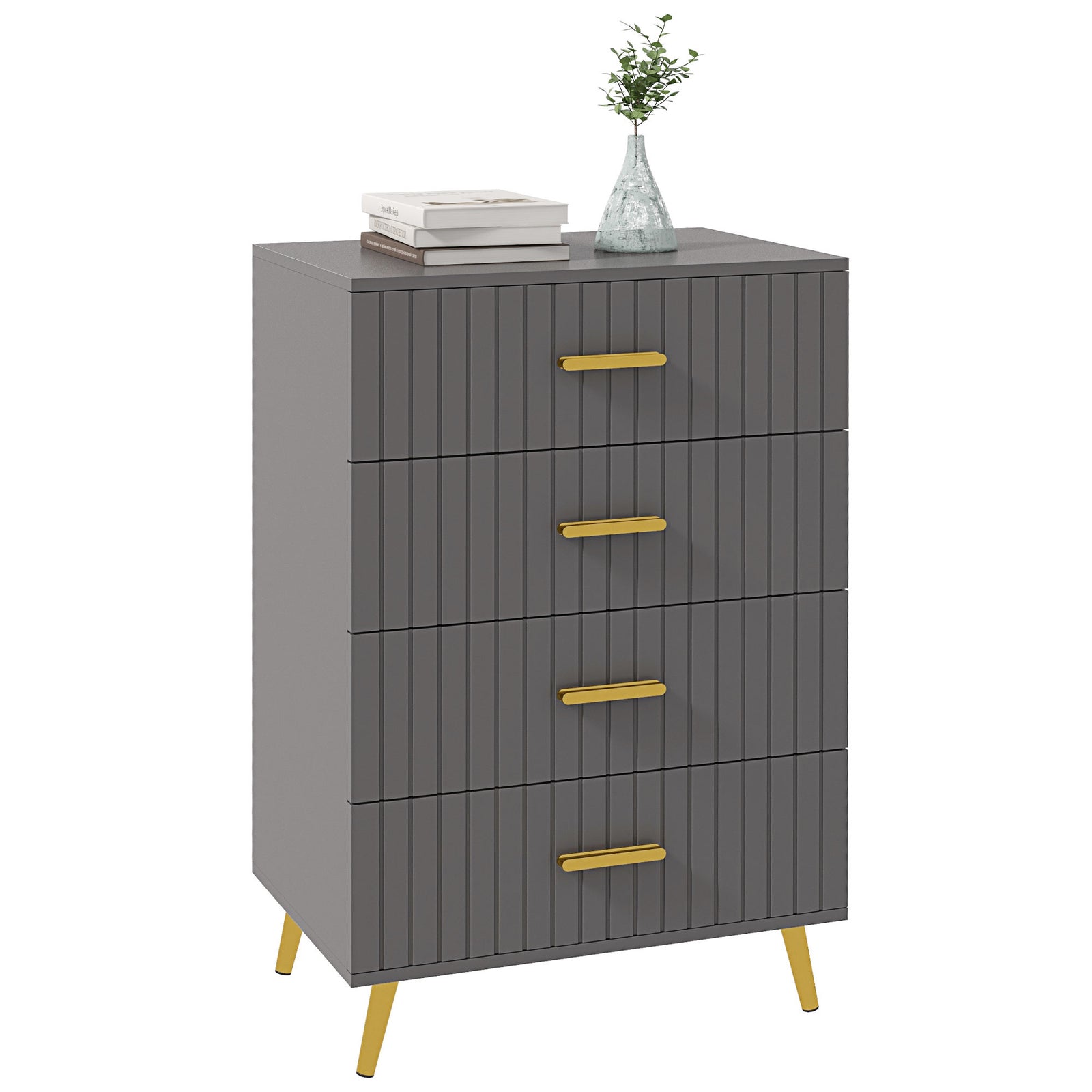 Four Drawer Embossed Line Dresser - Grey/Gold Tone