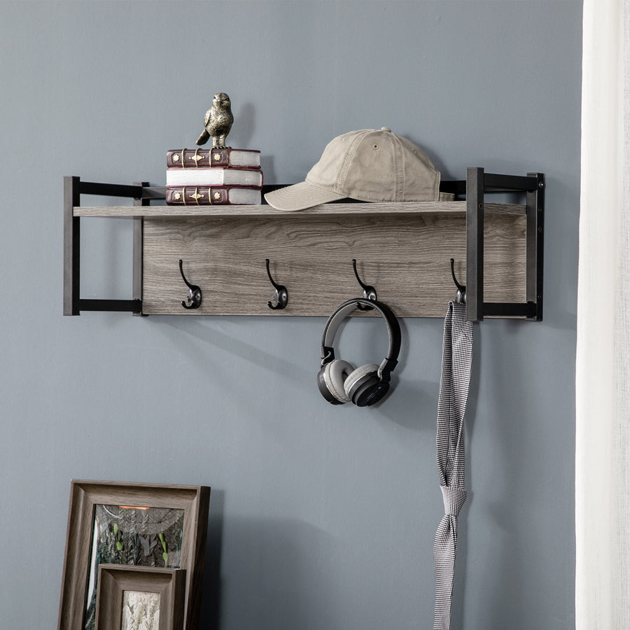 Wall Coat Rack with 4 Hooks Floating Shelf with Storage Rack for Keys, Clothes, Bags for Hallway, Entryway, 80 x 20 x 22.5 cm, Grey