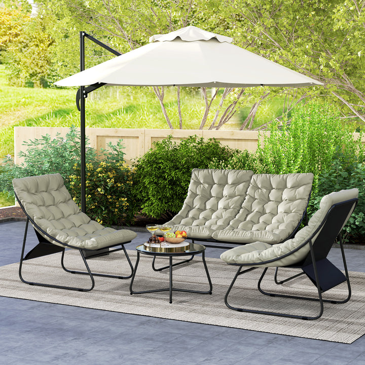 Outsunny 4 Seater Garden Furniture Set, Conversation Set with Loveseat Sofa, Chairs, Glass Coffee Table, Thick Cushions, Steel Outdoor Sofa for Balcony, Poolside, Conservatory, Light Grey