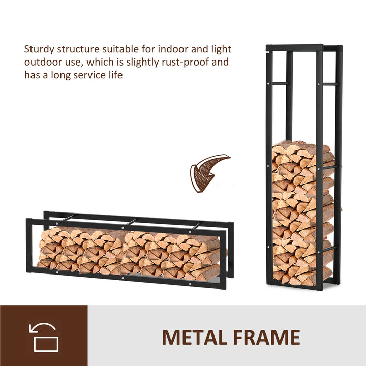 Metal Firewood Log Holder Tall Firewood Rack Indoor Outdoor Fireplace Wood Storage Shelf with Side Rails, Rust-Resistant, Black, 40W x 25D x 150H cm