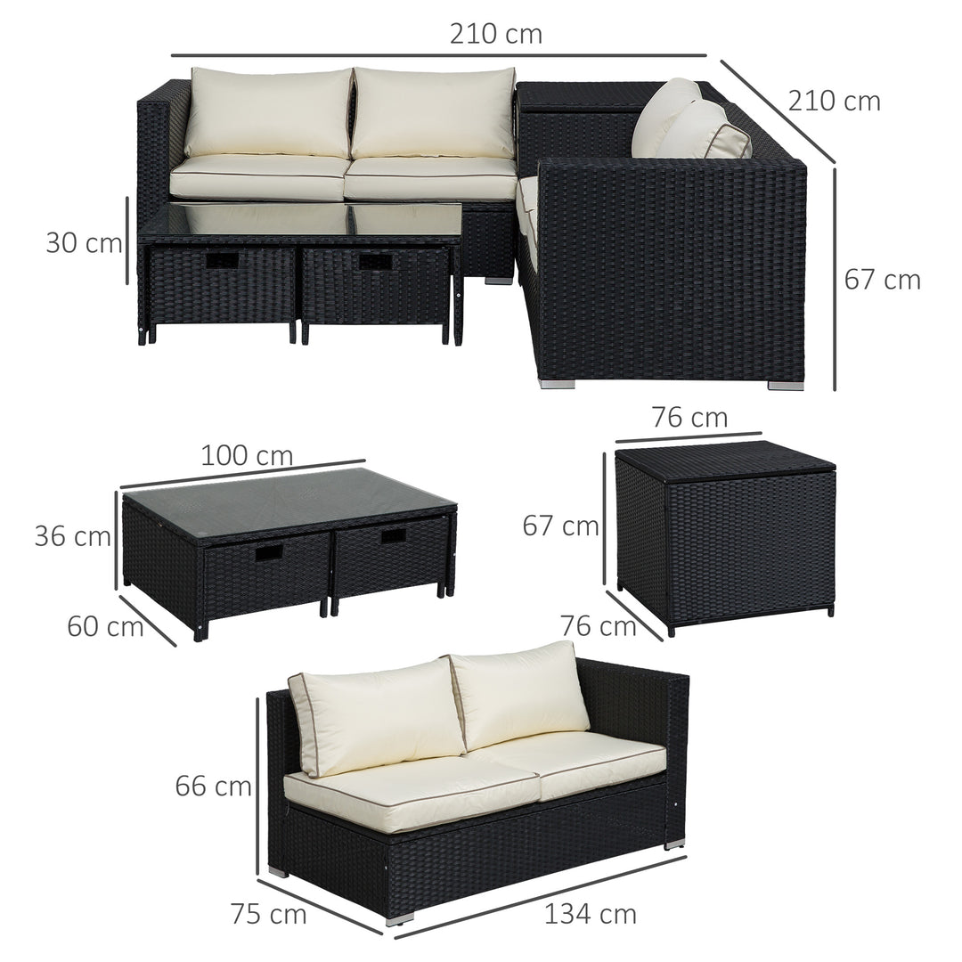 MCL 4 Pieces Rattan Garden Furniture Set, 4 Seater Corner Sofa Set with Storage Box, 2 Drawers Coffee Table, Loveseats with Cushions, Wicker Garden Conservatory Furniture for Balcony, Black