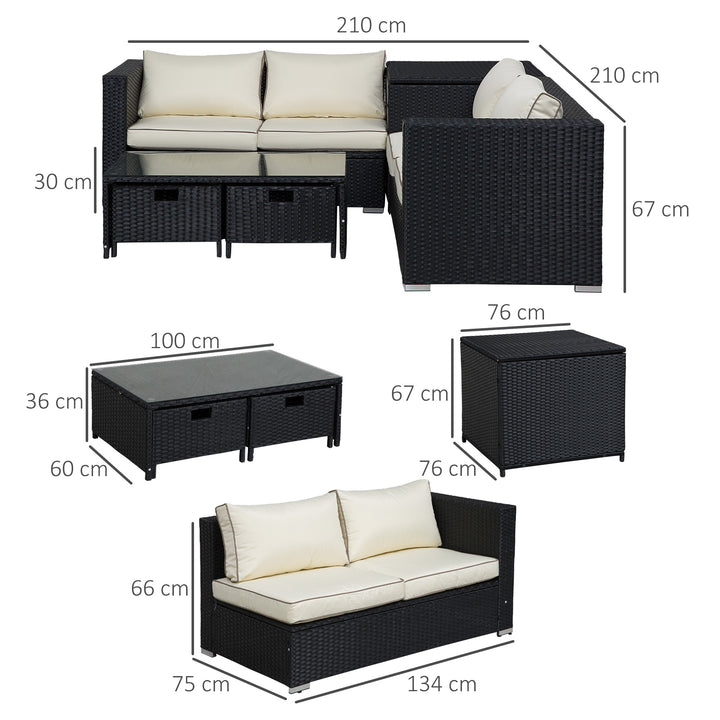 4 Pieces Rattan Garden Furniture Set, 4 Seater Corner Sofa Set with Storage Box, 2 Drawers Coffee Table, Loveseats with Cushions, Wicker Garden Conservatory Furniture for Balcony, Black