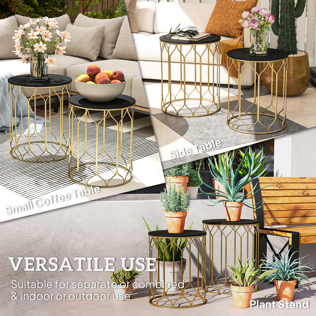 Round Coffee Table Set of 2, Modern Nesting Tables with Ceramic Tile Top, Small End Tables, Indoor Outdoor Side Table with Metal Frame for Living Room, Bedroom, Patio, Balcony, Black