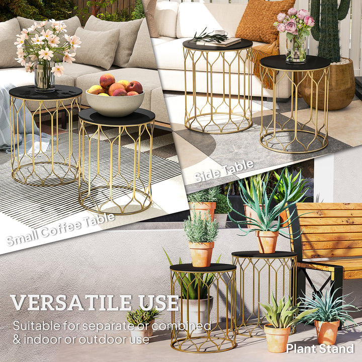 Round Coffee Table Set of 2, Modern Nesting Tables with Ceramic Tile Top, Small End Tables, Indoor Outdoor Side Table with Metal Frame for Living Room, Bedroom, Patio, Balcony, Black