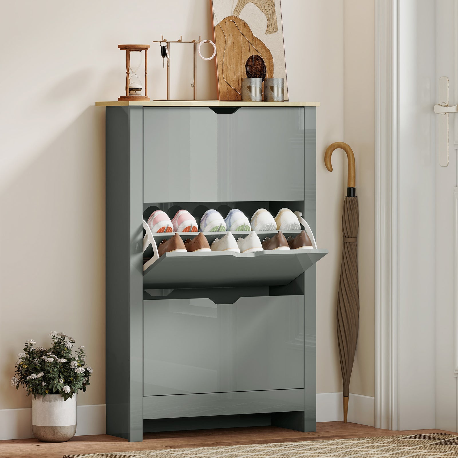 Slim Shoe Cabinet, Narrow Shoe Cupboard with 3 Flip Drawers, Adjustabl