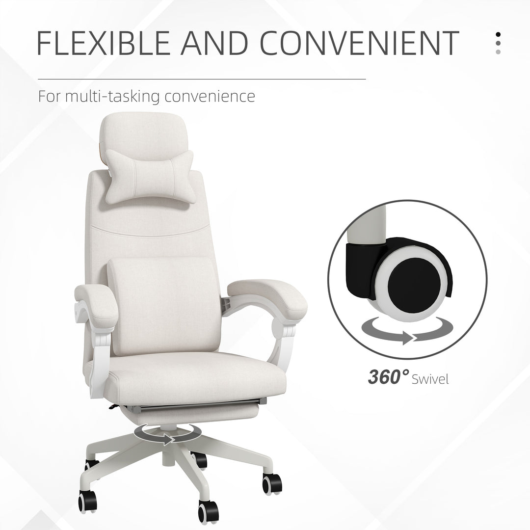 Linen-Look Office Chair, with 160° Reclining Back and Footrest - White