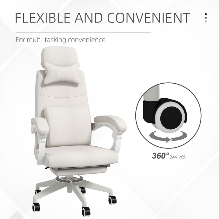 Linen-Look Office Chair, with 160° Reclining Back and Footrest - White