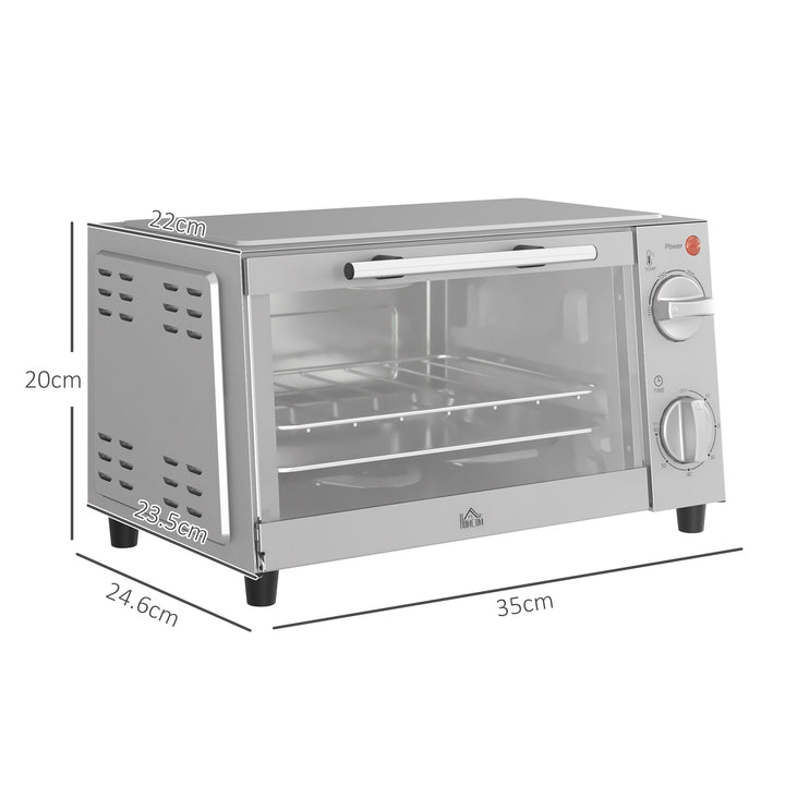 HOMCOM Mini Oven, 9L Countertop Electric Grill, Toaster Oven with Adjustable Temperature, Timer, Baking Tray and Wire Rack, 750W, Silver | Aosom UK