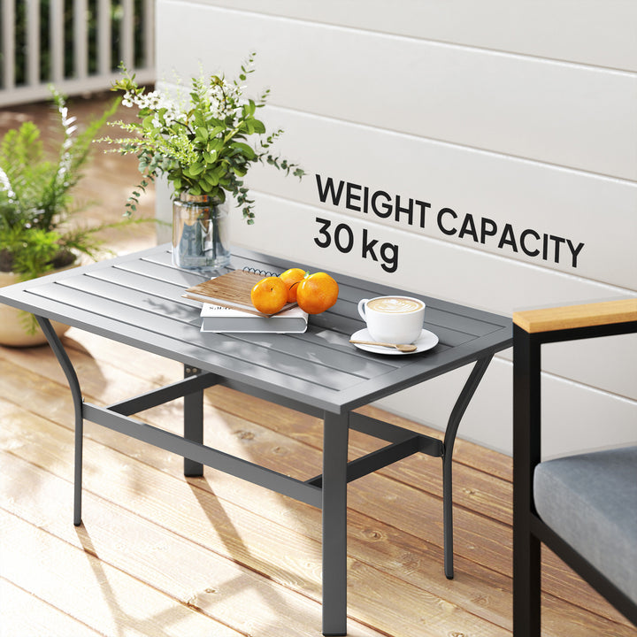 Metal Garden Coffee Table, Rectangular Outdoor Side Table with Slatted Tabletop, Foot Pads for Outside, Garden, Balcony, Porch, 91.5 x 55 x 45cm, Dark Grey