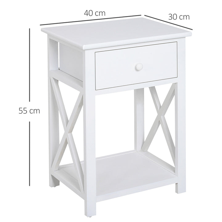 HOMCOM Traditional Accent End Table With 1 Drawer,X Bar Bottom Storage Shelf, for Living Room Bedroom Room 40L x 30W x 55H cm - White