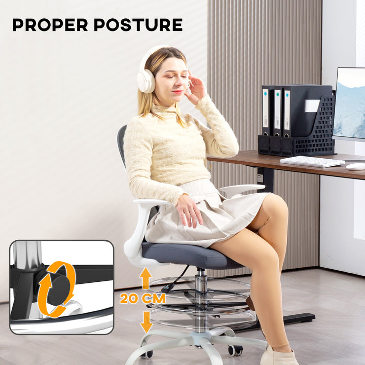 Draughtsman Chair, Mesh Drafting Chair, Ergonomic Office Chair with Flip-up Armrest, Adjustable Foot Ring, Grey