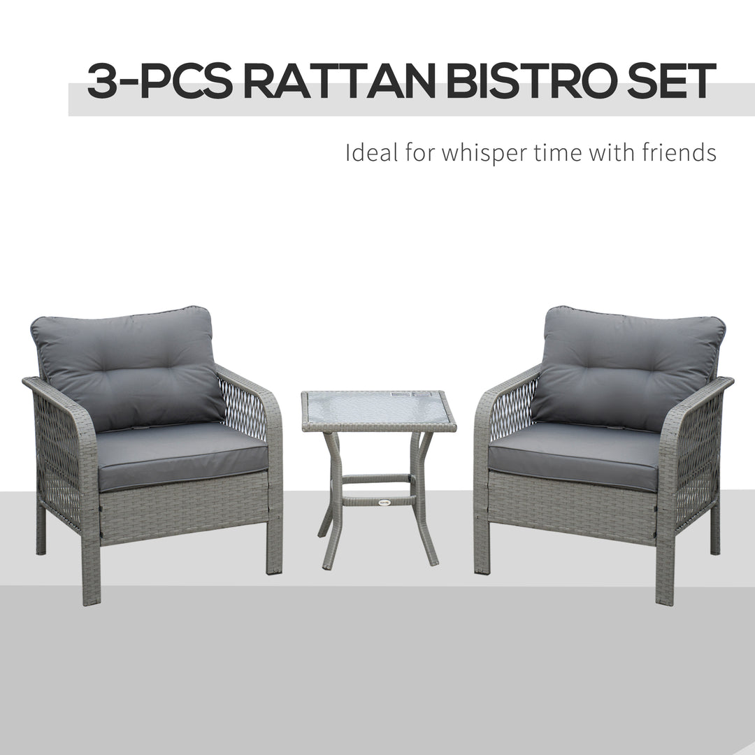 3 Pieces Rattan Bistro Set with Glass Top Coffee Table, Chairs and Cushions for Outdoor, Patio, Balcony, Grey