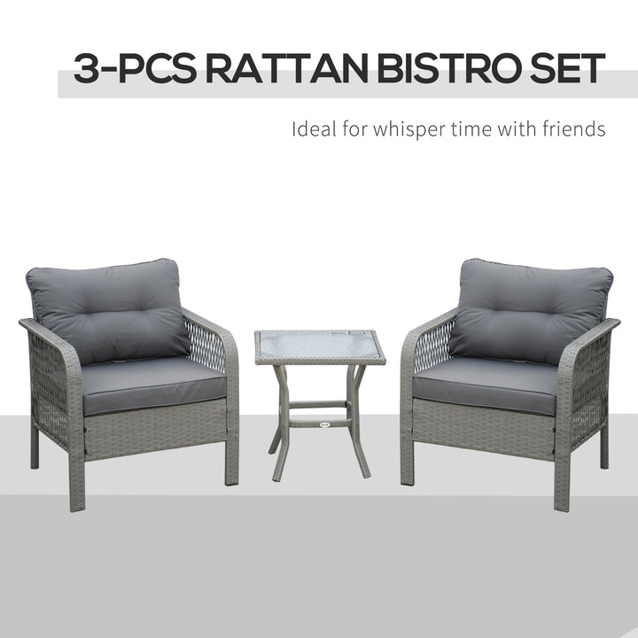 3 Pieces Rattan Bistro Set with Glass Top Coffee Table, Chairs and Cushions for Outdoor, Patio, Balcony, Grey
