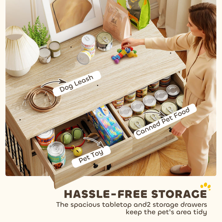 MCL Dog Crate Furniture on Wheels, Dog Cage with 2 Drawers, Sliding Door, for Medium Large Dogs, Oak Tone