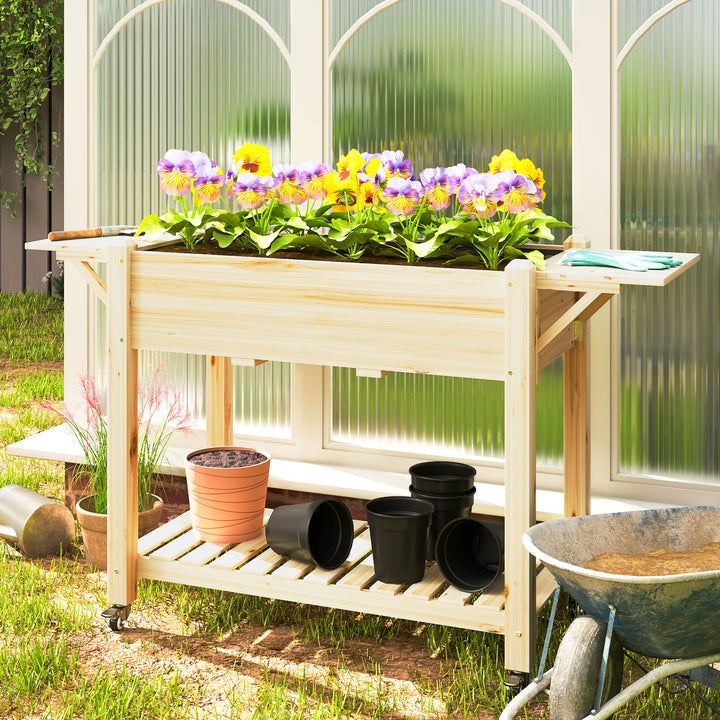 46 x 94cm Wooden Raised Planter, with Shelves - Natural Finish