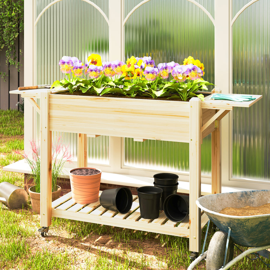 46 x 94cm Wooden Raised Planter, with Shelves - Natural Finish