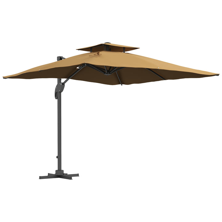 Outsunny Garden Parasol, 3(m) Cantilever Parasol with Hydraulic Mechanism, Dual Vented Top, 8 Ribs, Cross Base, Khaki