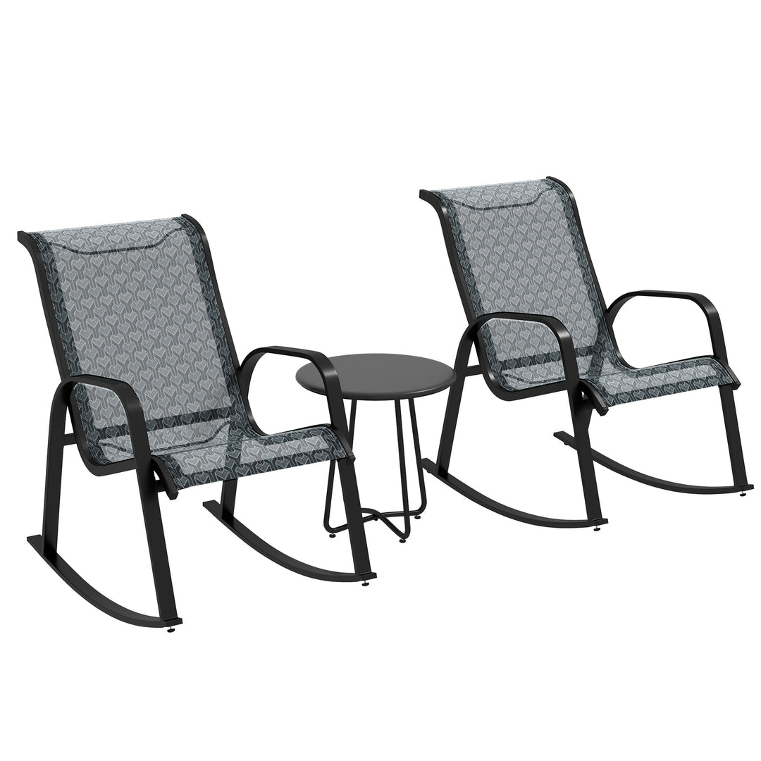 3 Piece Outdoor Rocking Set with 2 Armchairs and Metal Top Coffee Table, Patio Bistro Set with Curved Armrests, Breathable Mesh Fabric Seat for Garden, Deck, Mixed Grey