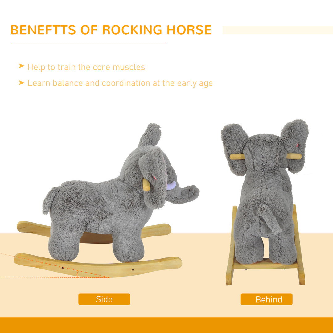 HOMCOM Plush Elephant Rocking Horse for Kids, Traditional Wooden Riding Toy with 32 Nursery Rhymes, Grey | Aosom UK