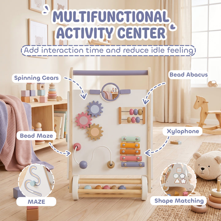 Wooden Baby Walker, Montessori Push Along Toy with 5 Blocks and - view 5