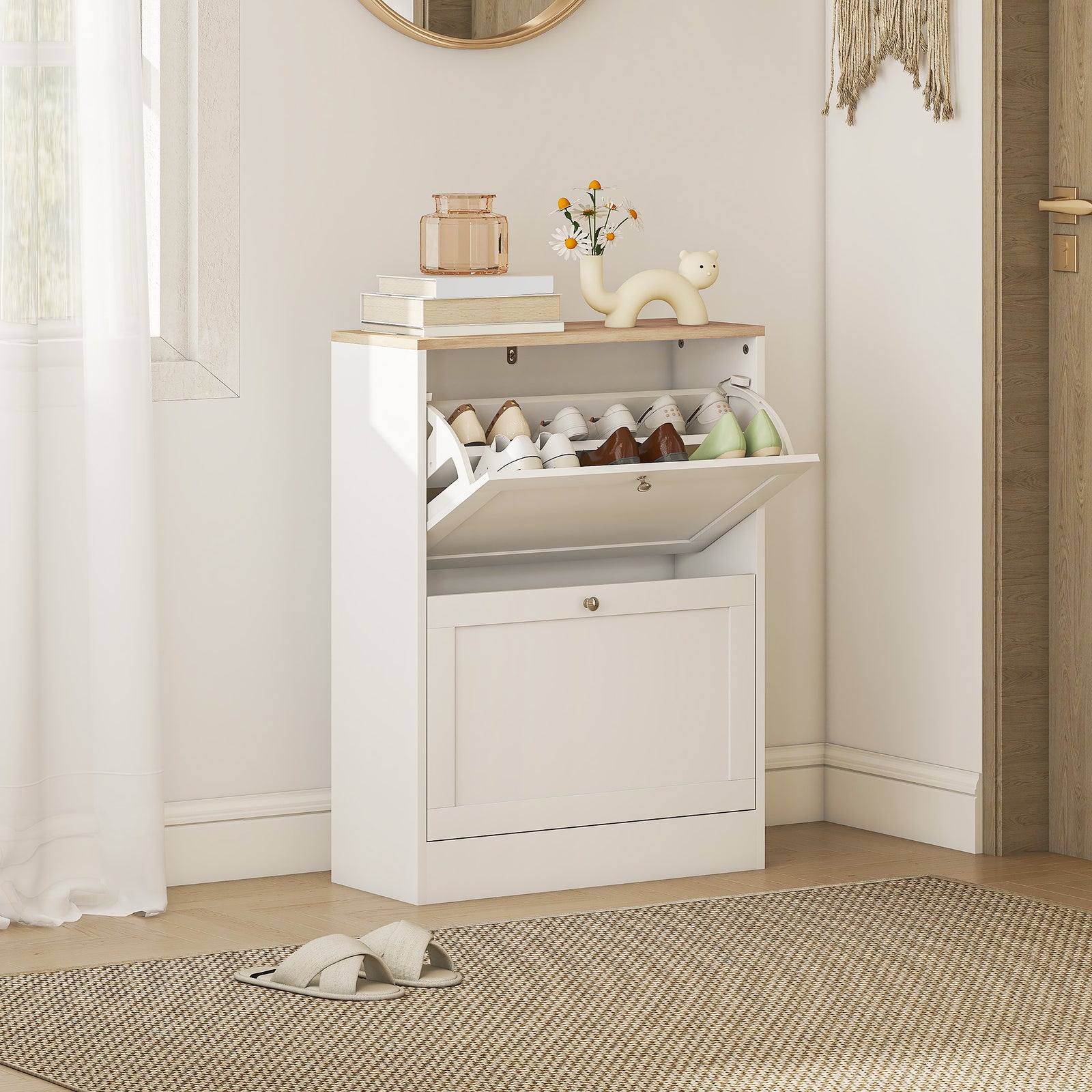 Two Flip Drawer Shoe Cabinet - White