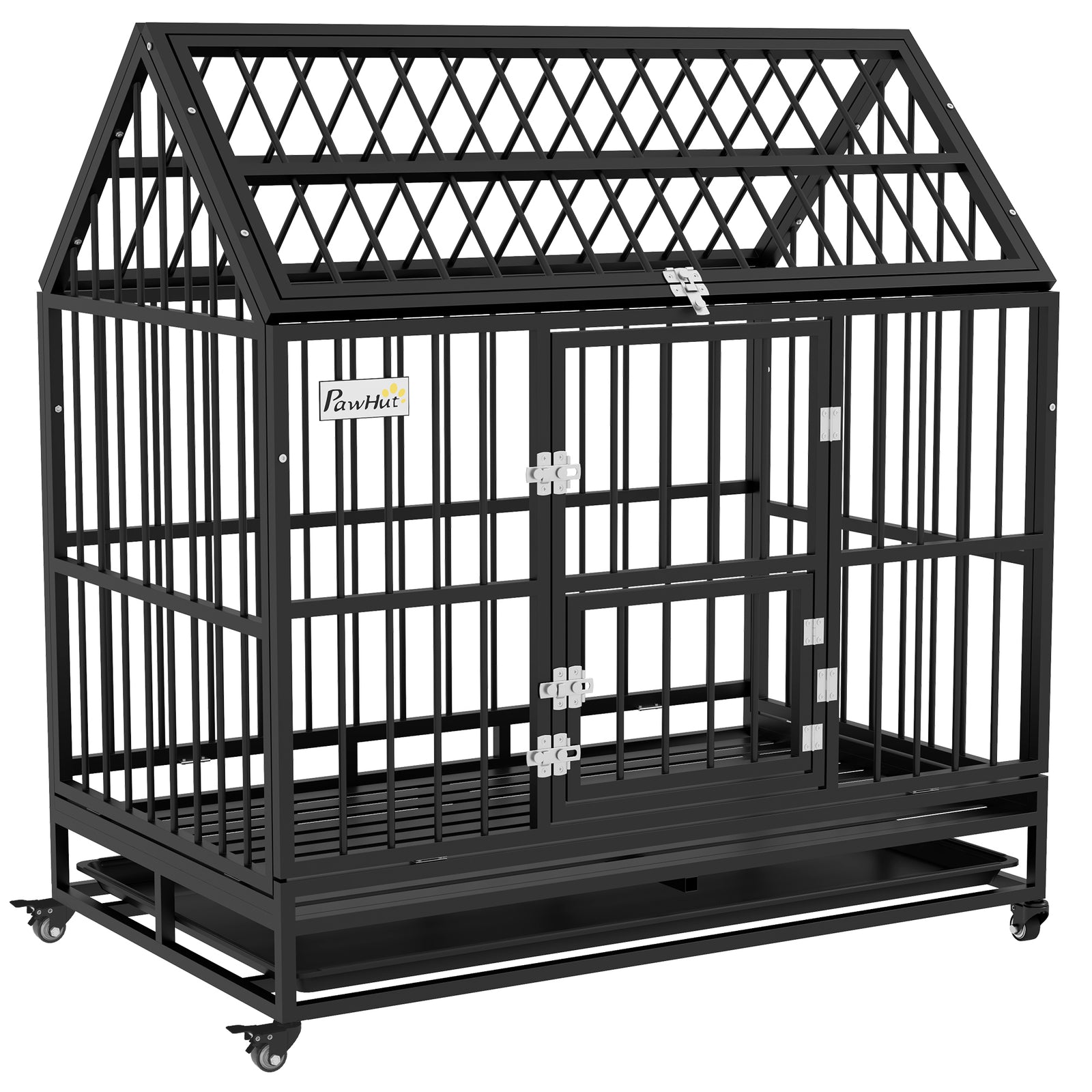 48" Heavy Duty Dog Crate on Wheels, with Removable Tray, Openable Top, for L, XL Dogs - Black