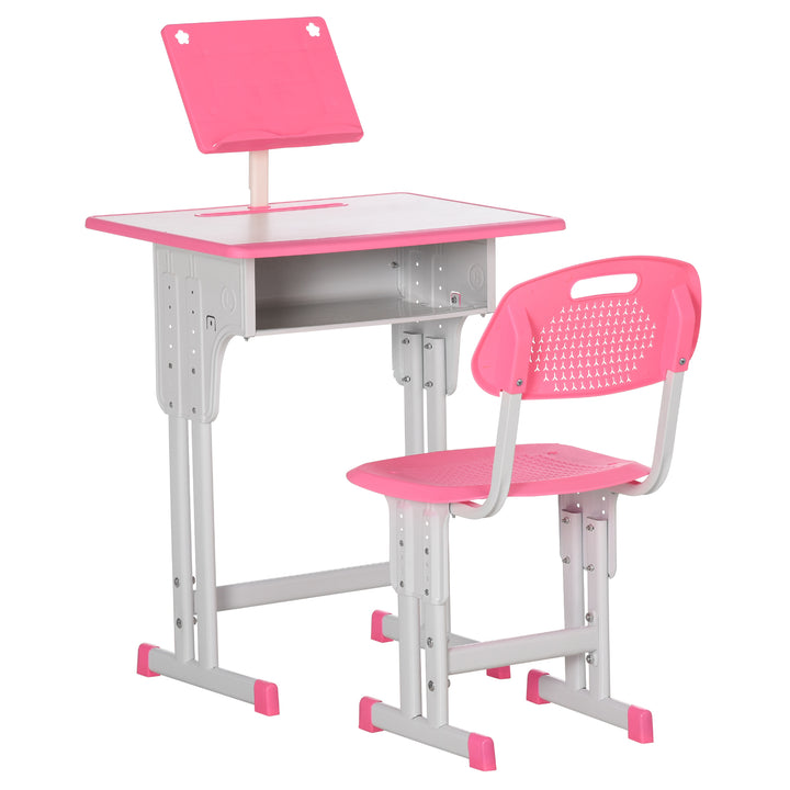 HOMCOM Children's Study Desk and Chair Set, Adjustable Height with Drawer, Bookshelf, Cup Holder & Pen Groove, Pink | Aosom UK