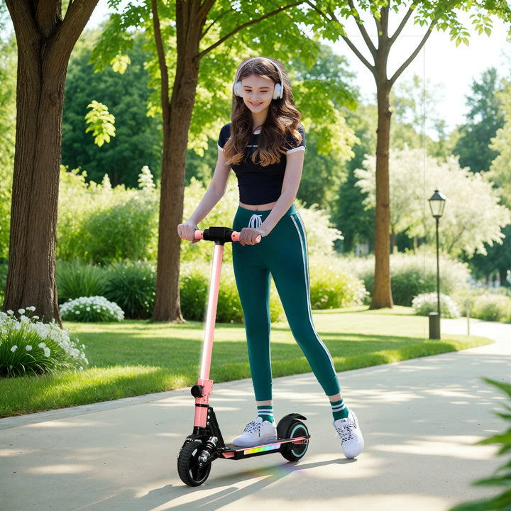 Folding Electric Scooter for Kids Age 6-14 with Dual Brakes, Front Suspension, LED Colourful Lights and Display, 6.8kg Lightweight Aluminium E Scooter, Up to 14 KM/H & 6 KM, Pink