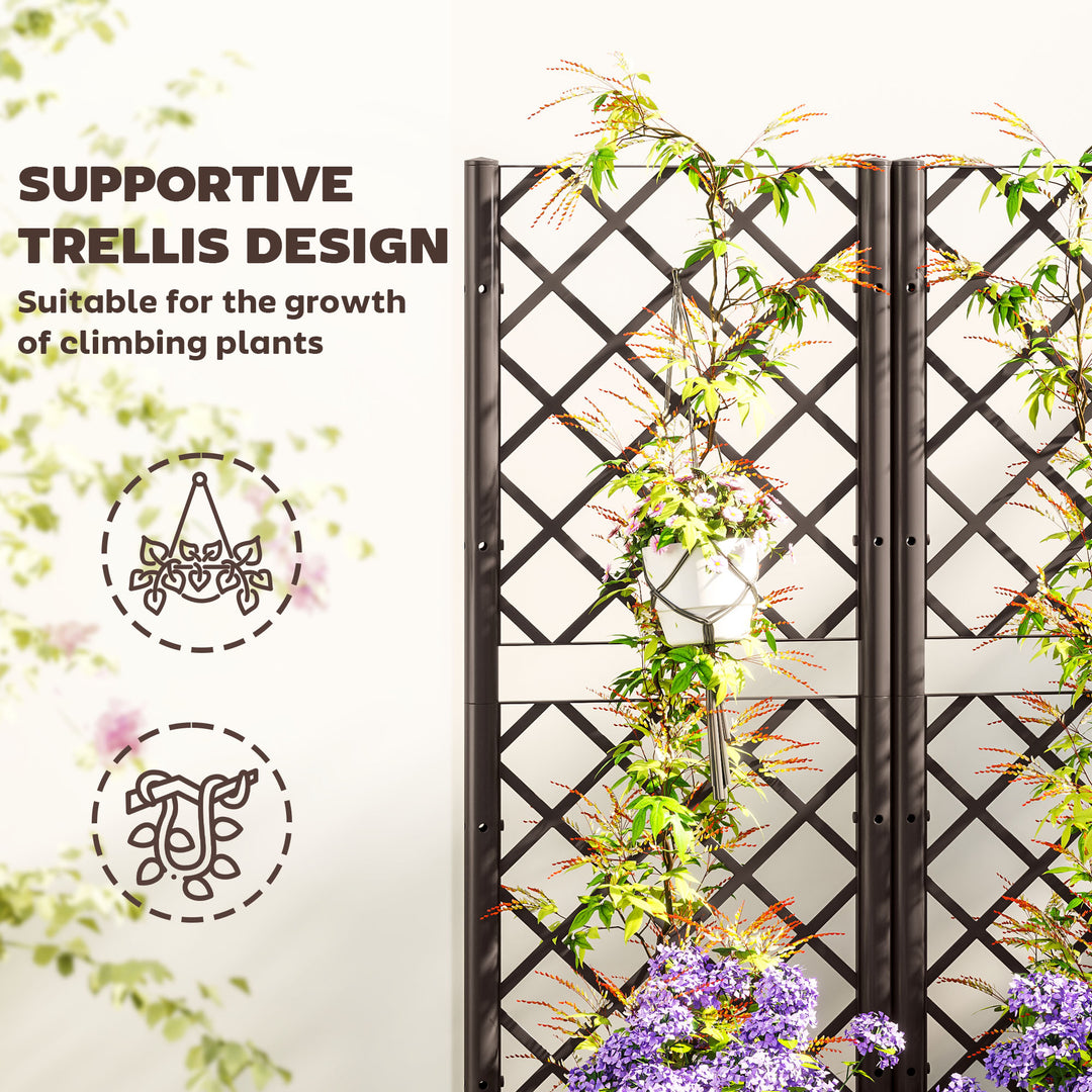 Raised Garden Bed with Trellis, Plastic Planter Box with Drainage Holes, Drain Plugs and Water Reservoirs for Climbing Plants, Vegetables, Flowers, Brown