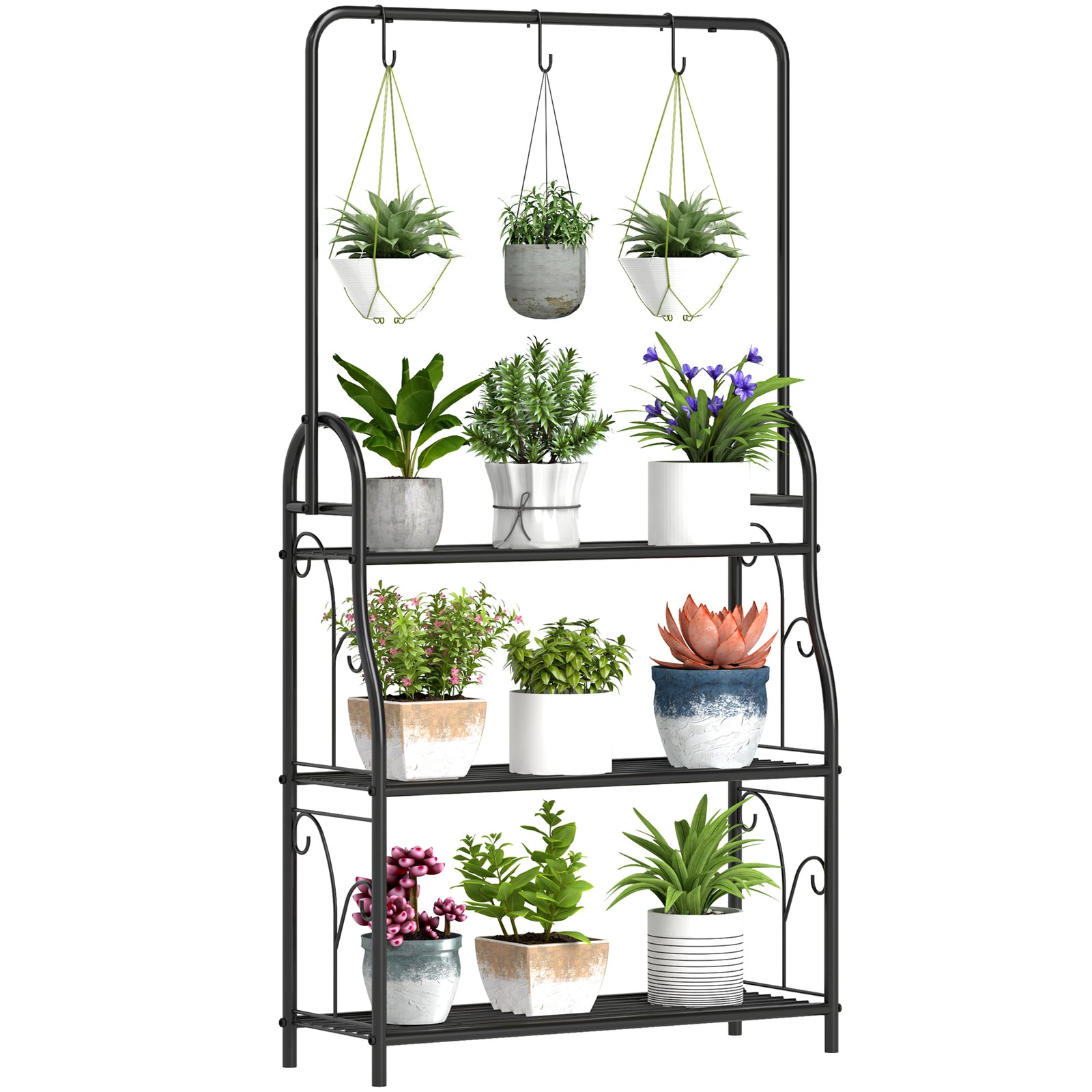 3 Tier Plant Stand with Hanging Rod and Hooks, Metal Plant Rack Shelf, Ladder Flower Pot for Indoor Outdoor Porch Balcony Living Room Bedroom, Black
