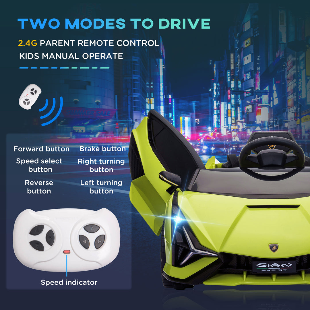 MCL Lamborghini Sian Licensed 12V Electric Car for Kids 2 Motors Toy Car with Remote Control Music Lights MP3 for 3-5 Years Green